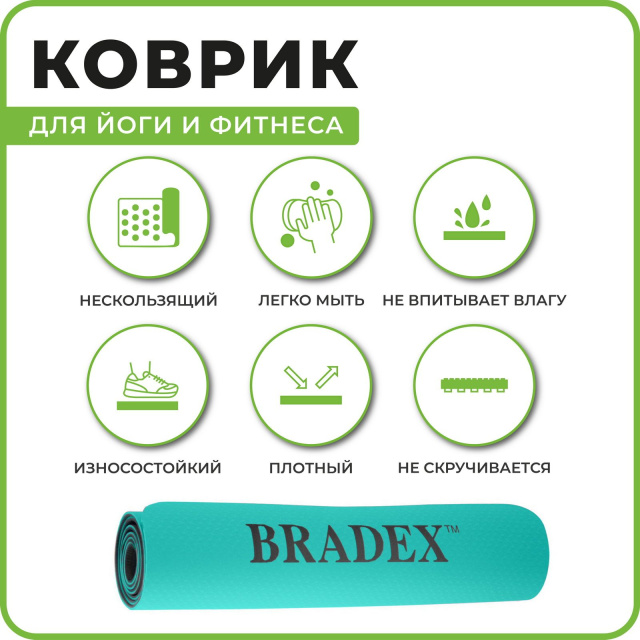 Коврик для йоги и фитнеса 183*61*0,6 TPE, мятный